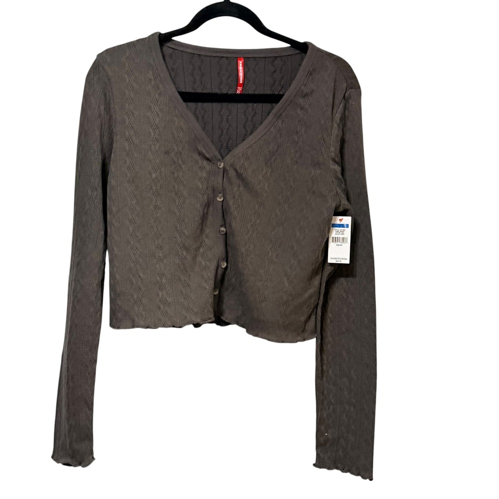 Unionbay Womens XL Dark brown Pointelle Cropped Cardigan V-Neck Button Front New